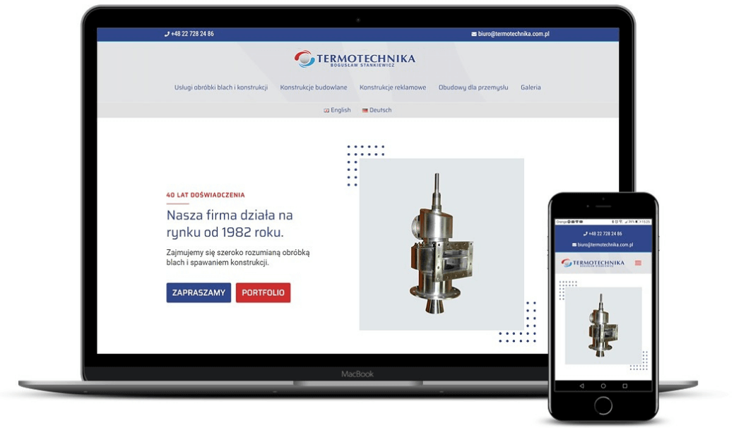 prezentacja responsywnego wyglądu strony termotechnika.com.pl na monitorze i smartfonie